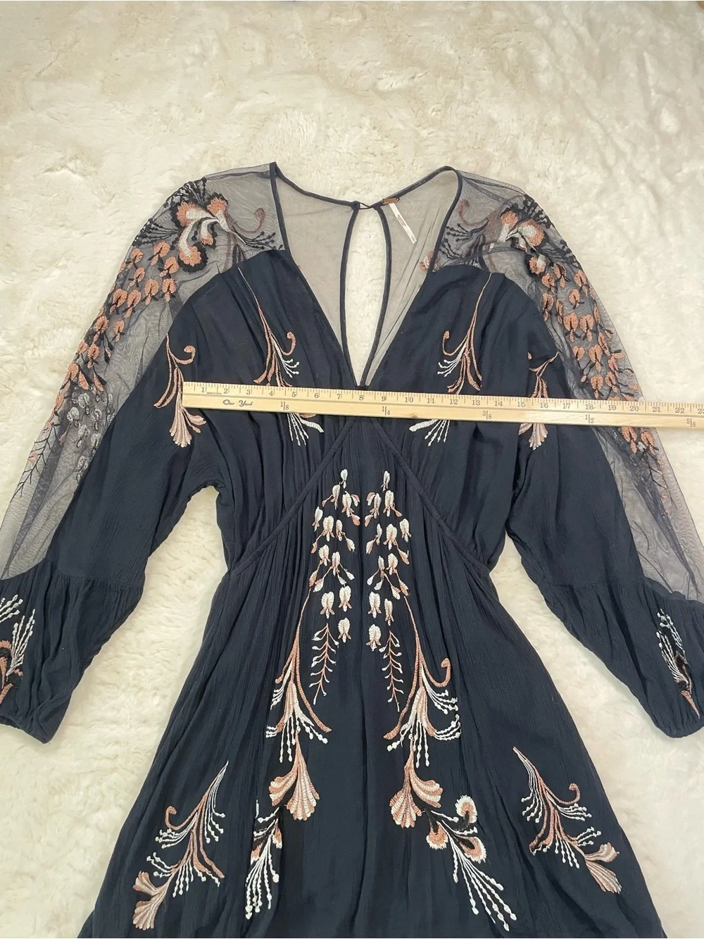 Free People Black Embroidered V-Neck Long-Sleeve Dress